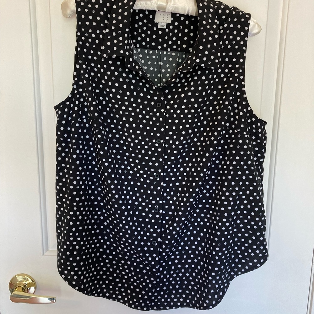 A New Day Black Button Down Collared Sleeveless Polka Dot Blouse, XL